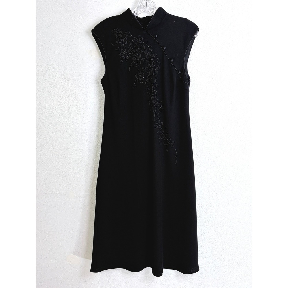 Vintage 90s Beaded Mandarin Collar Midi Dress Black S.L. Fashions 14